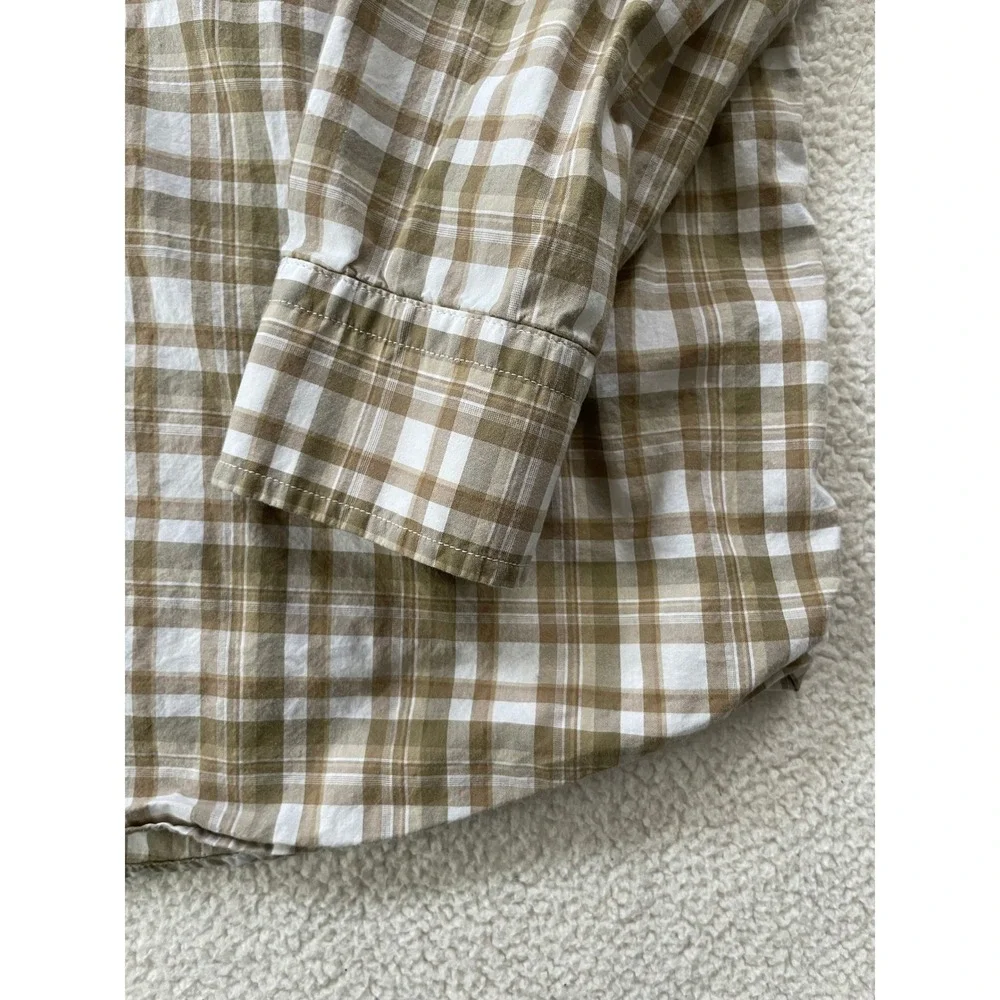Banana Republic Mens Large Button Down Shirt Tan Plaid Untucked Fit Long Sleeve